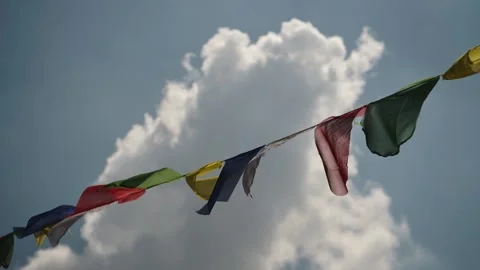 Tibetan Prayer Flags and Blue Sky in Nepal, Colourful Tibetan Prayer Flag Stock Footage 336851087