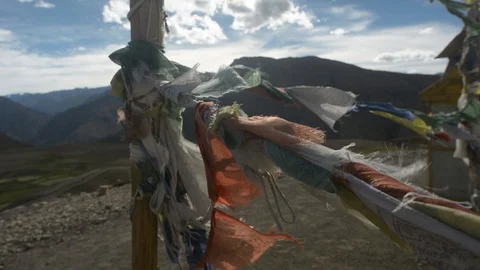 Tibetan Prayer Flags Blowing in the Winds in Himalayas, Spiti Region Stock Footage 86744633