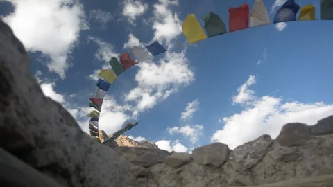 Tibetan Prayer Flags Blowing in the Winds with Himalayan Sky , Spiti Region Stock Footage 86745115