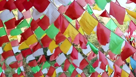 Tibetan prayer flags: colorful rectangular cloth, often found strung along tr Stock Footage 136512005