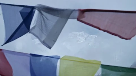 Tibetan Prayer Flags in Mountains in Nepal, Close Up Colorful Tibetan Prayer Stock Footage 341385936