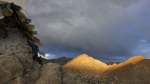 Tibetan temple in the background of the rainbow and the city Stock Footage 95644990