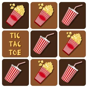 Tic-Tac-Toe of beverages cup with straw and popcorn Stock Illustration