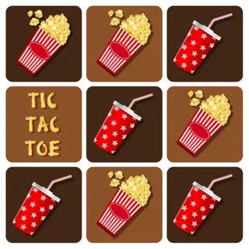 Tic-Tac-Toe of beverages cup with straw and popcorn Stock Illustration