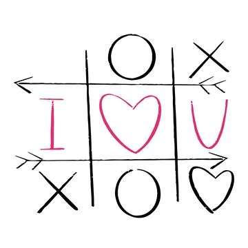 Tic tac toe doodle game with cross and circle sign, cute pink heart mark Illustrazione stock
