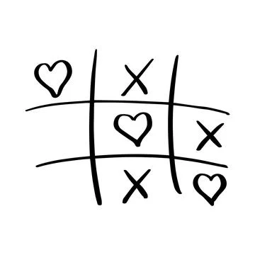Tic tac toe doodle game with cross and circle sign, cute heart mark isolated on Stock Illustration