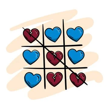 Tic-tac-toe game with blue hearts and broken hearts Stock Illustration