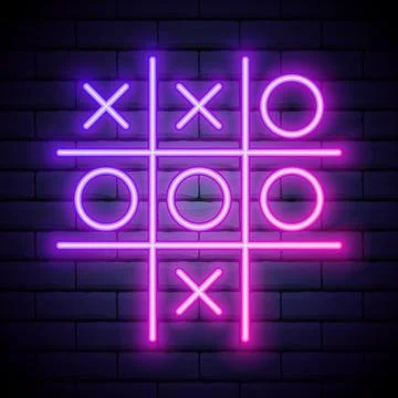 Tic tac toe game, linear outline icon. Colour neon style on brick wall backgr Иллюстрация