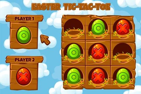 TIC-TAC-TOE game UI. Board game playing field with red and green eggs. Funny  Stock Illustration