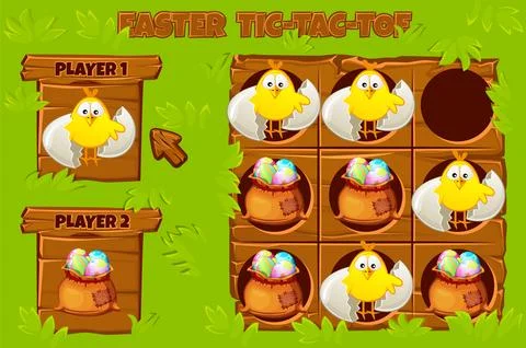 TIC-TAC-TOE game UI. Game playing field with with cute Chick and bag of colored Stock Illustration