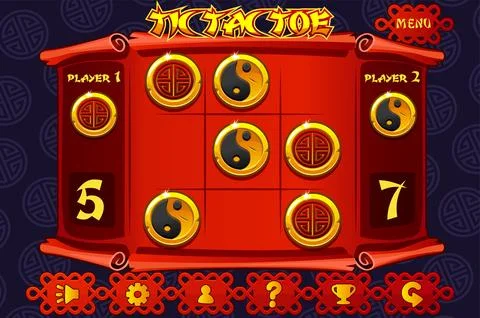 TIC TAC TOE game UI in Chinese themed. Chinese icons- yin yang and lucky coin Stock Illustration