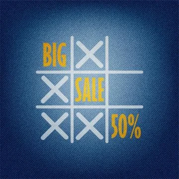 Tic tac toe game with word big sale 50% off on blue background denim texture  Stock Illustration