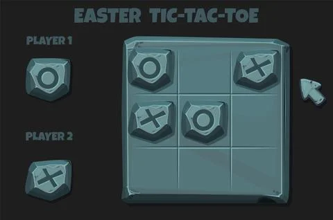 Tic-Tac-Toe stone style, UI game with cursor arrow. Vector cartoon strategy.. Stock-Illustration