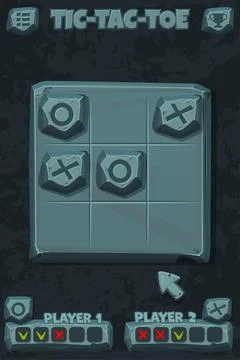 Tic-Tac-Toe stone style, UI game with cursor arrow. Vector cartoon strategy g Stock Illustration