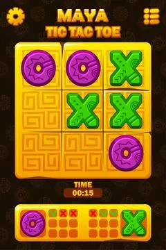 TIC TAC TOE UI in Maya or Aztec themed. Golden Board logic game for your game Stock Illustration