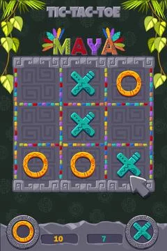 TIC TAC TOE UI in Maya or Aztec themed. Gray Board logic game for your game.. Stock Illustration