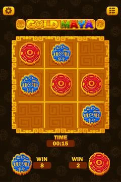 TIC TAC TOE UI in Maya or Aztec themed. Maya icons- Bird and Sun. Board logic Stock Illustration