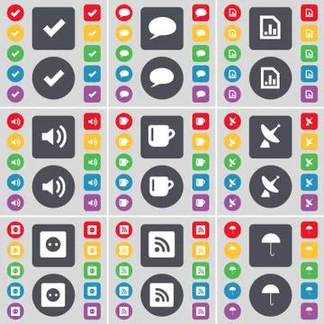 Tick, Chat bubble, Diagram file, Sound, Cup, Satellite dish, Socket, RSS, Umbrel Stock Illustration