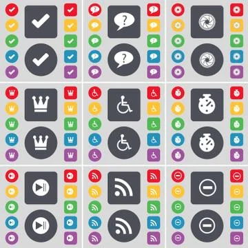 Tick, Chat bubble, Lens, Crown, Disabled person, Stopwatch, Media skip, RSS, Min Stock Illustration