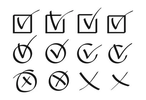 Tick check mark icon set Hand drawn black strokes Stock Illustration