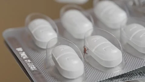 Tick crawling over antibiotic blister pack with tablets representing infection 스톡 동영상 319519982