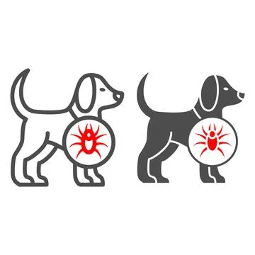 Tick in dog line and solid icon, Diseases of pets concept, dog with skin Stock Illustration