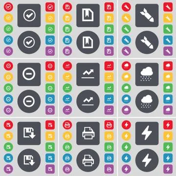 Tick, File, Rocket, Minus, Graph, Cloud, Floppy, Printer, Flash icon symbol. A l Stock Illustration