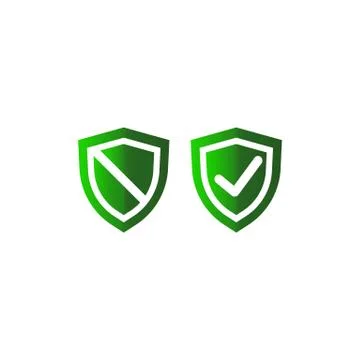 Tick mark approved on shield and security flat icon in green on isolated white Stock Illustration
