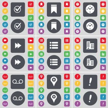 Tick, Marker, Clock, Rewind, List, Building, Cassette, Exclamation mark icon sym Ilustración de archivo