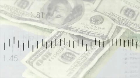 Tick marks appearing US 100-dollar bills fading in hand smoothing line spiking Stock Footage 329454698
