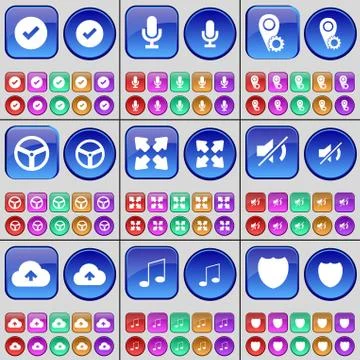 Tick, Microphone, Checkpoint, Wheel, Deploying screen, Mute, Cloud, Note, Badge. イラスト素材