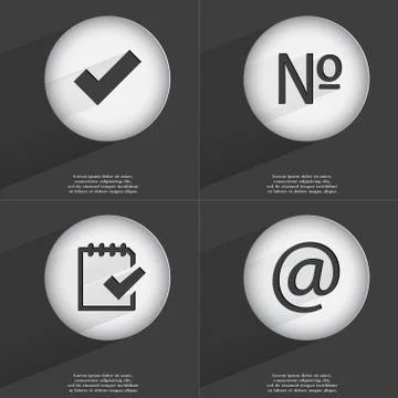 Tick, Number, Task completed, Mail icon sign. Set of buttons with a flat design. Stock Illustration