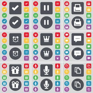 Tick, Pause, Printer, Alarm clock, Crown, Chat bubble, Gift, Microphone, Copy ic Stock Illustration