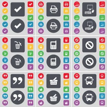 Tick, Printer, PC, Trash can, Mobile phone, Stop, Quotation mark, Basket, Bus ic Stock Illustration