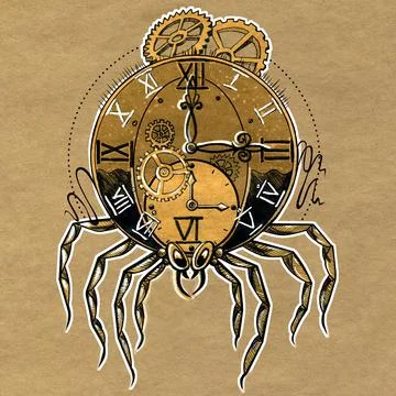 Tick in the shape of a clock. Abstract ink drawing on craft paper. Stock Illustration