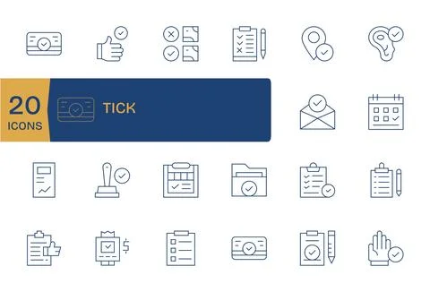 Tick Visual Pack containing 20 Thin Line Detail Enhanced Vector Icons Stock Illustration