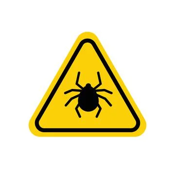 Tick warning sign. Yellow triangle with black mite silhouette in line frame.  Stock Illustration