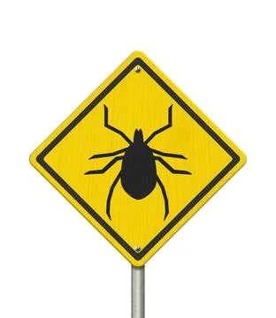 Tick warning on a on yellow highway caution road sign Stock Illustration