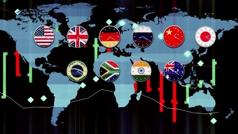 Ticker chart with world forex stock market clocks going in real time zones HUD Video stock 80075686