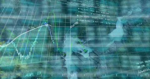 Ticker data initiating candlesticks and trend lines sliding over waterfall, Stock Photos