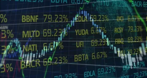 Ticker matrix being animated from left, updating values and moving charts to Stock Footage 328331082