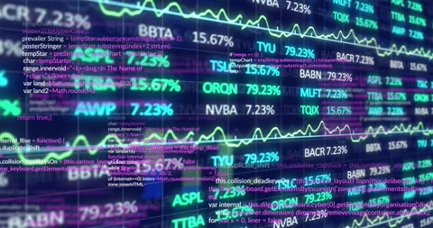 Ticker matrix growing while camera pulling back waves tracing and code overlays Stock Footage 328700642