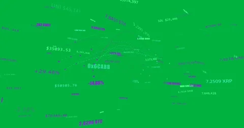 Tickers popping, crypto cloud rotating into arcs, showing market data and Stock Footage 329532223