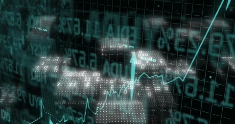 Tickers updating, teal line graph climbing with dotted cubes and arrows showing Stock Footage 327803487