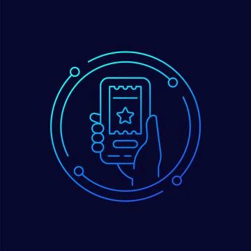 Ticket app icon with phone in hand, linear design Ilustración de archivo