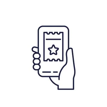Ticket app line icon with phone in hand Stock Illustration