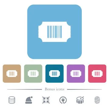 Ticket with barcode flat icons on color rounded square backgrounds 스톡 일러스트