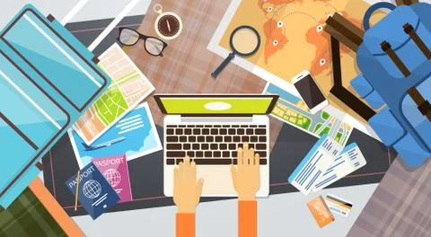 Ticket Boarding Pass Travel Document Hands Hold Typing Laptop Computer Vacation Stock Illustration