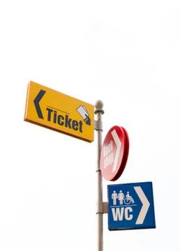 Ticket, book shop, wc guideposts Stock Photos