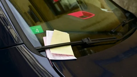 Ticket fine on windscreen for parking violation. Penalty charge notices Stock Footage 277797559